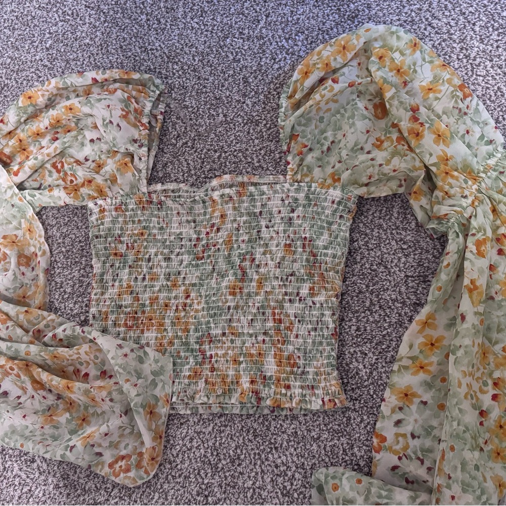 Floral Smocked Top - Green and Orange